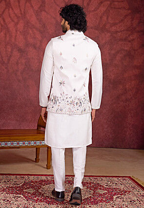 Embroidered Art Silk Kurta Set in Off White