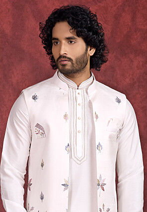 Embroidered Art Silk Kurta Set in Off White