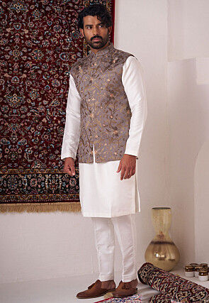 Embroidered Art Silk Kurta Set in Off White
