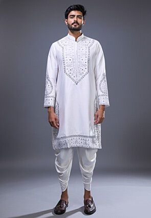 Embroidered Art Silk Kurta Set in Off White