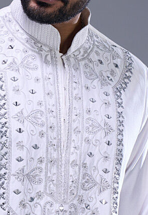 Embroidered Art Silk Kurta Set in Off White