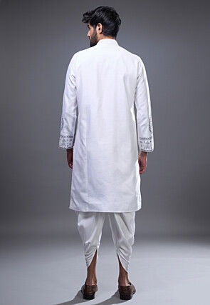Embroidered Art Silk Kurta Set in Off White