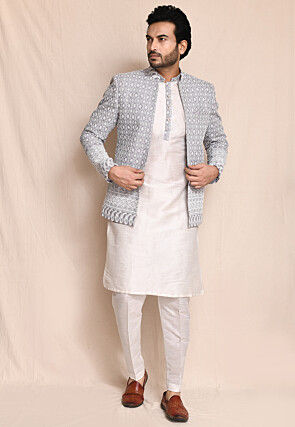 Embroidered Art Silk Kurta Set in Off White