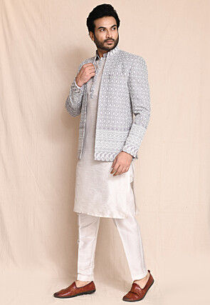 Embroidered Art Silk Kurta Set in Off White