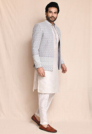 Embroidered Art Silk Kurta Set in Off White