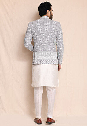 Embroidered Art Silk Kurta Set in Off White