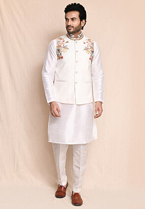Embroidered Art Silk Kurta Set in Off White