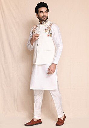 Embroidered Art Silk Kurta Set in Off White
