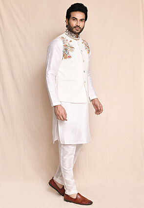 Embroidered Art Silk Kurta Set in Off White