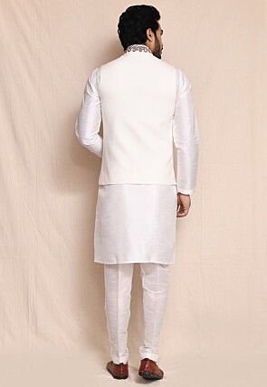 Embroidered Art Silk Kurta Set in Off White
