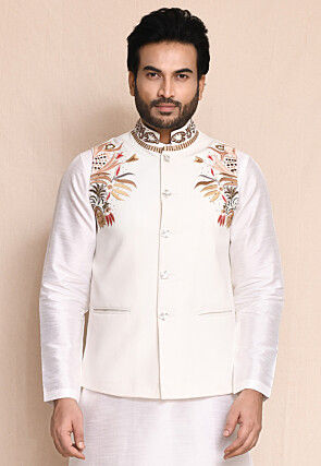 Embroidered Art Silk Kurta Set in Off White