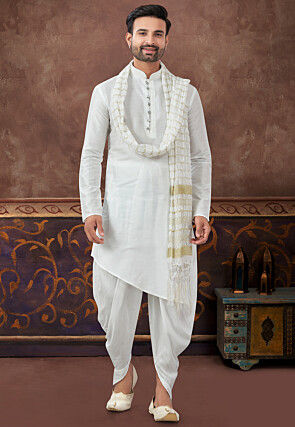 Embroidered Art Silk Kurta Set in Off White