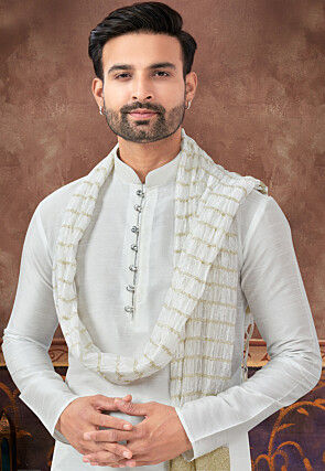 Embroidered Art Silk Kurta Set in Off White