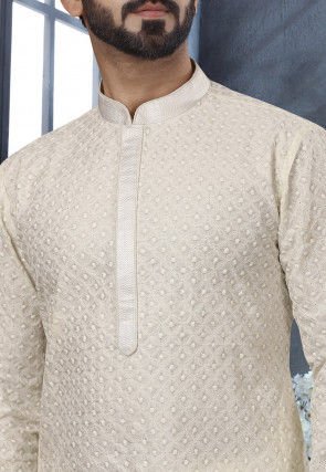 Embroidered Art Silk Kurta Set in Off White