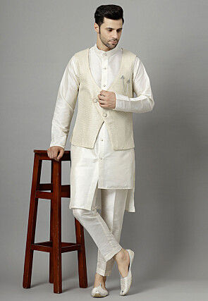 Embroidered Art Silk Kurta Set in Off White