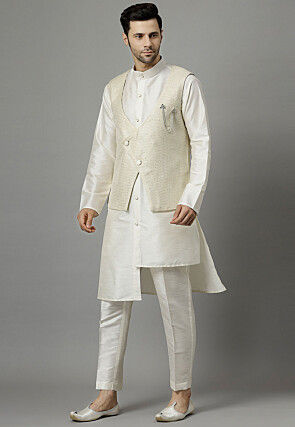 Embroidered Art Silk Kurta Set in Off White