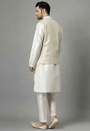 Embroidered Art Silk Kurta Set in Off White
