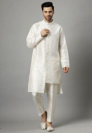 Embroidered Art Silk Kurta Set in Off White