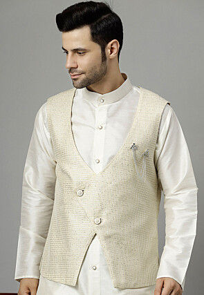 Embroidered Art Silk Kurta Set in Off White
