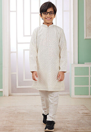 Embroidered Art Silk Kurta Set in Off White