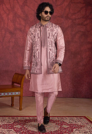 Embroidered Art Silk Kurta Set in Old Rose