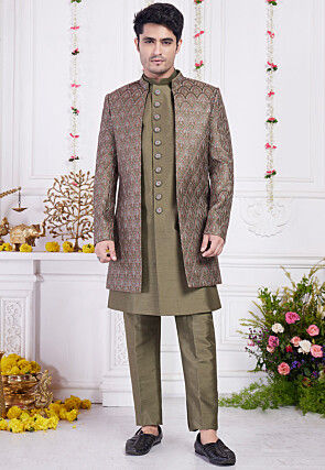 Embroidered Art Silk Kurta Set in Olive Green