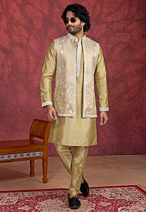 Embroidered Art Silk Kurta Set in Olive Green