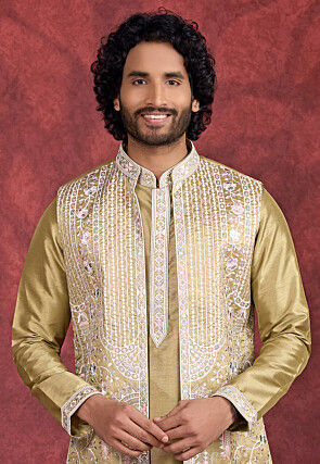 Embroidered Art Silk Kurta Set in Olive Green