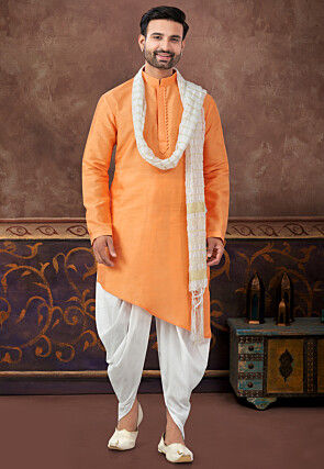 Embroidered Art Silk Kurta Set in Orange