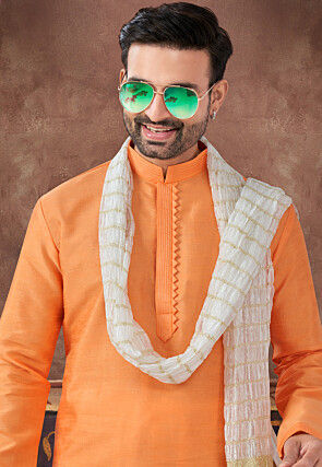 Embroidered Art Silk Kurta Set in Orange