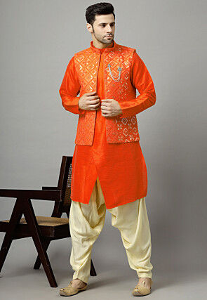 Embroidered Art Silk Kurta Set in Orange