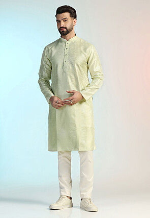 Embroidered Art Silk Kurta Set in Pastel Green