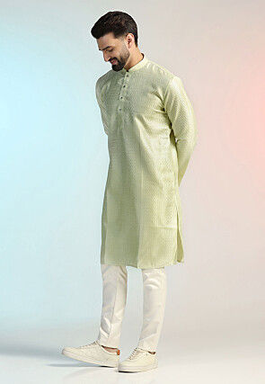 Embroidered Art Silk Kurta Set in Pastel Green