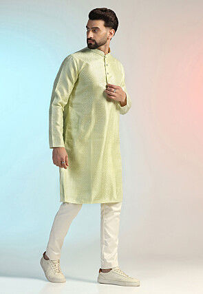 Embroidered Art Silk Kurta Set in Pastel Green