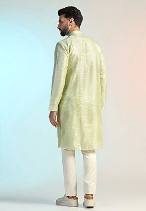 Embroidered Art Silk Kurta Set in Pastel Green