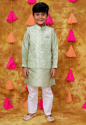 Embroidered Art Silk Kurta Set in Pastel Green