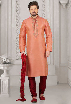 Embroidered Art Silk Kurta Set in Peach