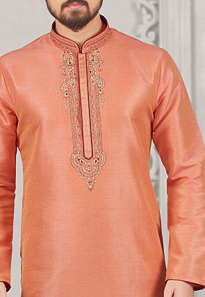 Embroidered Art Silk Kurta Set in Peach