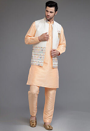 Embroidered Art Silk Kurta Set in Peach and Off White