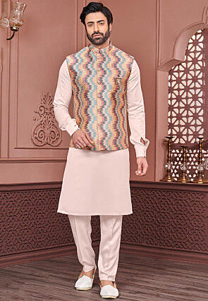 Embroidered Art Silk Kurta Set in Peach