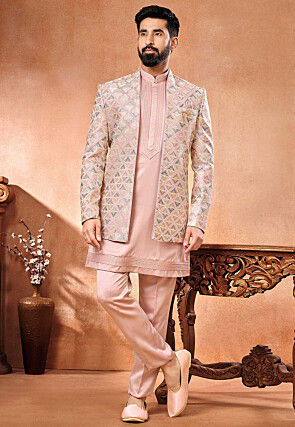 Embroidered Art Silk Kurta Set in Peach