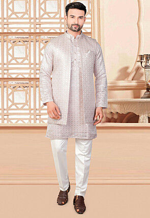 Embroidered Art Silk Kurta Set in Peach