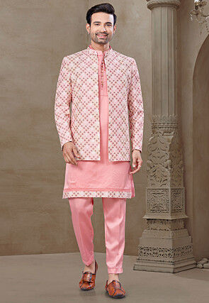 Embroidered Art Silk Kurta Set in Peach