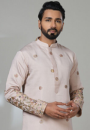 Embroidered Art Silk Kurta Set in Peach