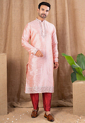 Embroidered Art Silk Kurta Set in Peach