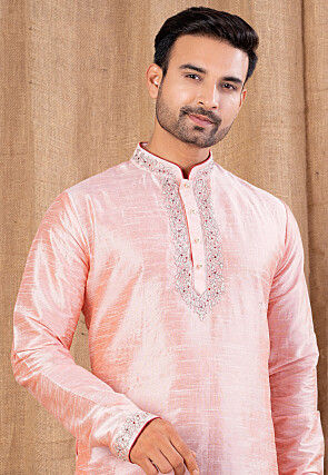 Embroidered Art Silk Kurta Set in Peach