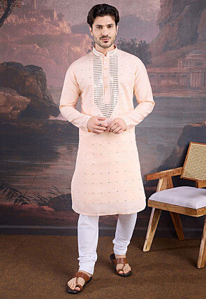 Embroidered Art Silk Kurta Set in Peach