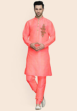 Embroidered Art Silk Kurta Set in Peach
