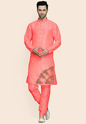 Embroidered Art Silk Kurta Set in Peach