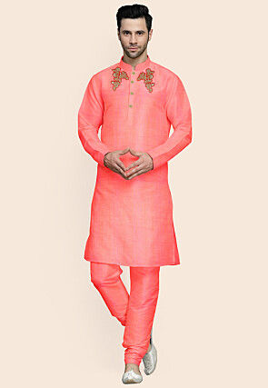 Embroidered Art Silk Kurta Set in Peach